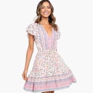 NWT PETAL + PUP "Faydell" Boho Floral Ruffle Sleeve Mini Dress (Cream | Size 2)
